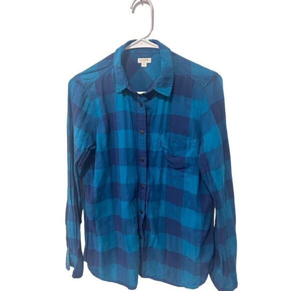 J Crew Factory Teal Blue Button Front Flannel Blouse Size 6 Western Classic - Picture 3 of 9